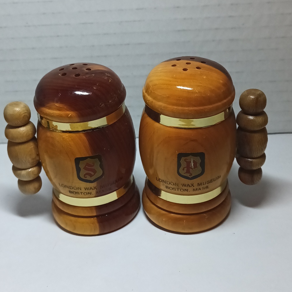 Vintage Boston Mass. Salt and Pepper Shakers Beer Stein Wood Shaped Shakers